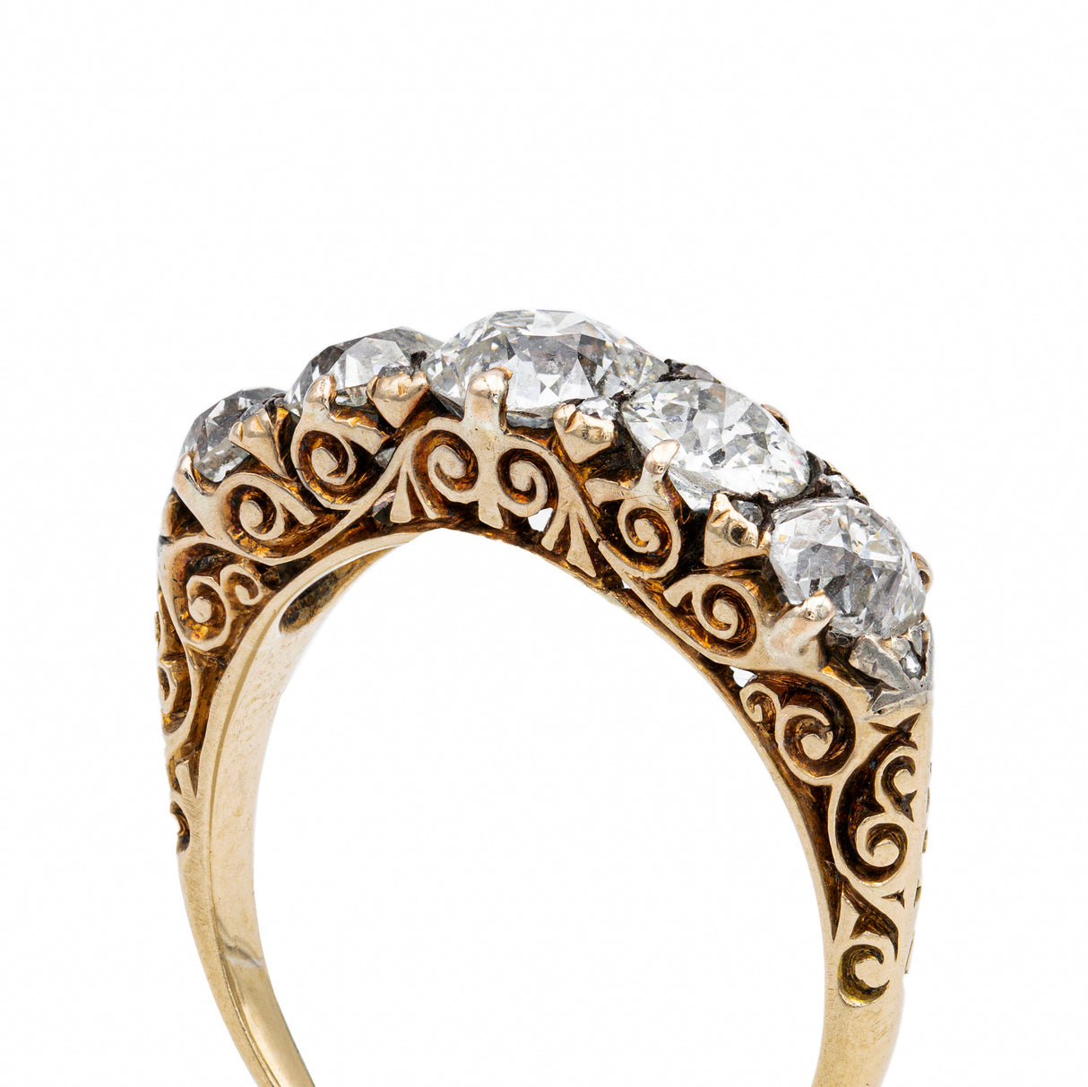 Victorian half-hoop diamond engagement ring, side view.