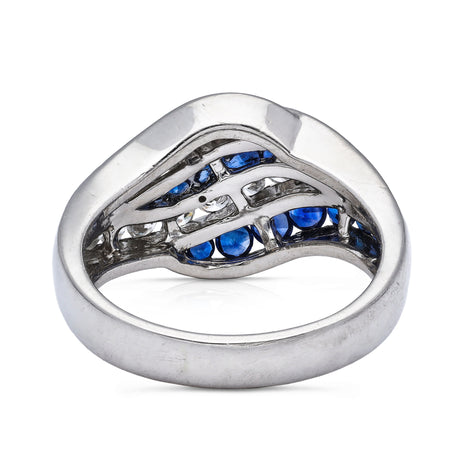 An unusual sapphire and diamond wave ring, rear view.