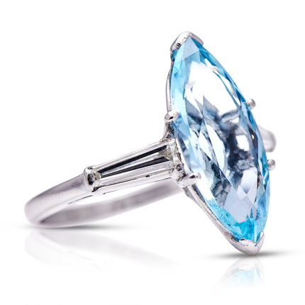 1940s, Platinum, Marquise Aquamarine and Diamond Ring