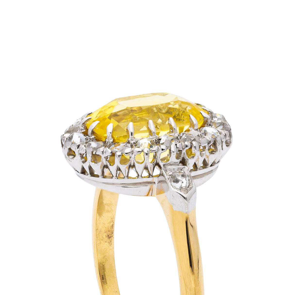 Antique French yellow sapphire & diamond cluster ring, 18ct yellow gold