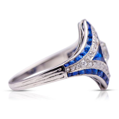 Vintage, Art Deco Sapphire and Diamond Ring, Platinum side view