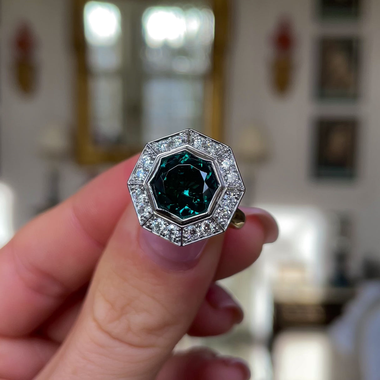 Contemporary, tourmaline and diamond hexagonal cluster ring, 18ct yellow gold and platinum