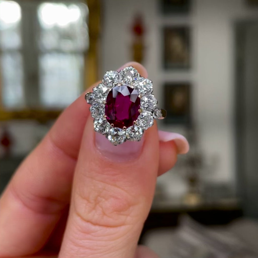 Antique, Edwardian, ruby & diamond cluster engagement ring