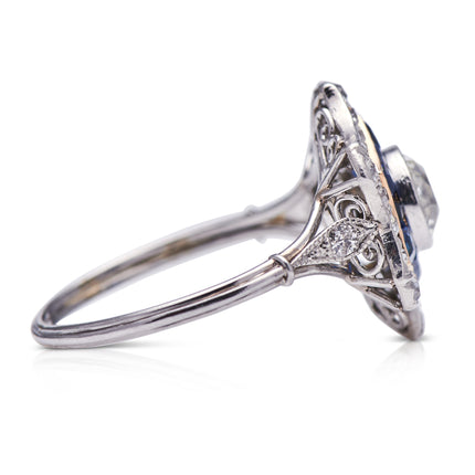 SOLD | Art Deco, Platinum Diamond and Sapphire Cluster Ring