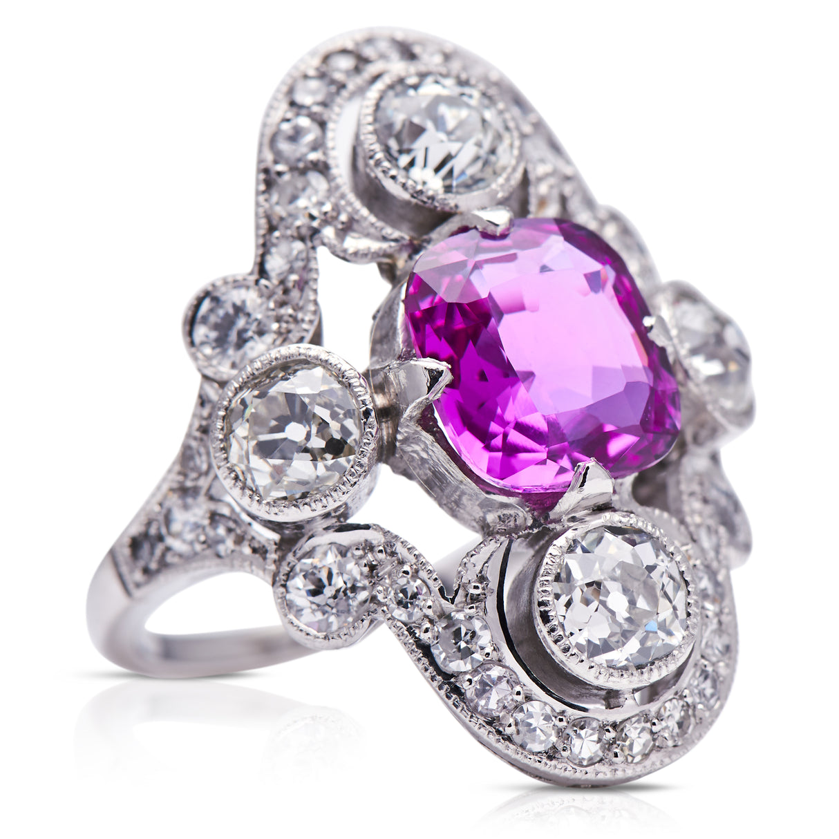 Art-Deco-Saddle-Ring-Pink-Sapphire-Diamond-Millegrain-Antique