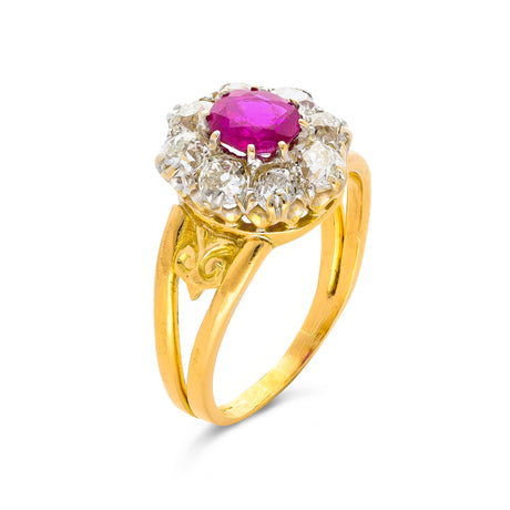 Edwardian Oval Burmese Pink Sapphire and Diamond Engagement Cluster Ring, 18ct Yellow Gold
