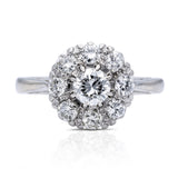 Vintage Art Deco white gold diamond cluster engagement ring, front view. 