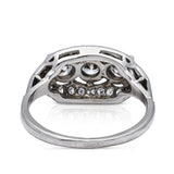 Art Deco three-stone diamond engagement ring, rear view.