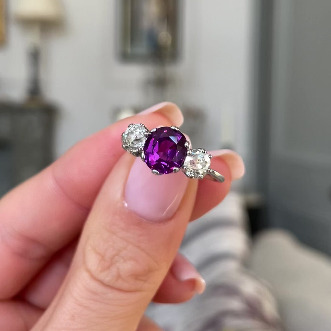 Art Deco, purple sapphire and diamond three-stone engagement ring, platinum