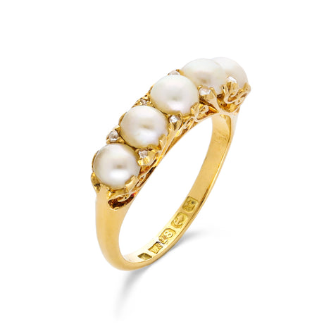 Antique, Edwardian pearl & diamond half hoop ring, 18ct yellow gold
