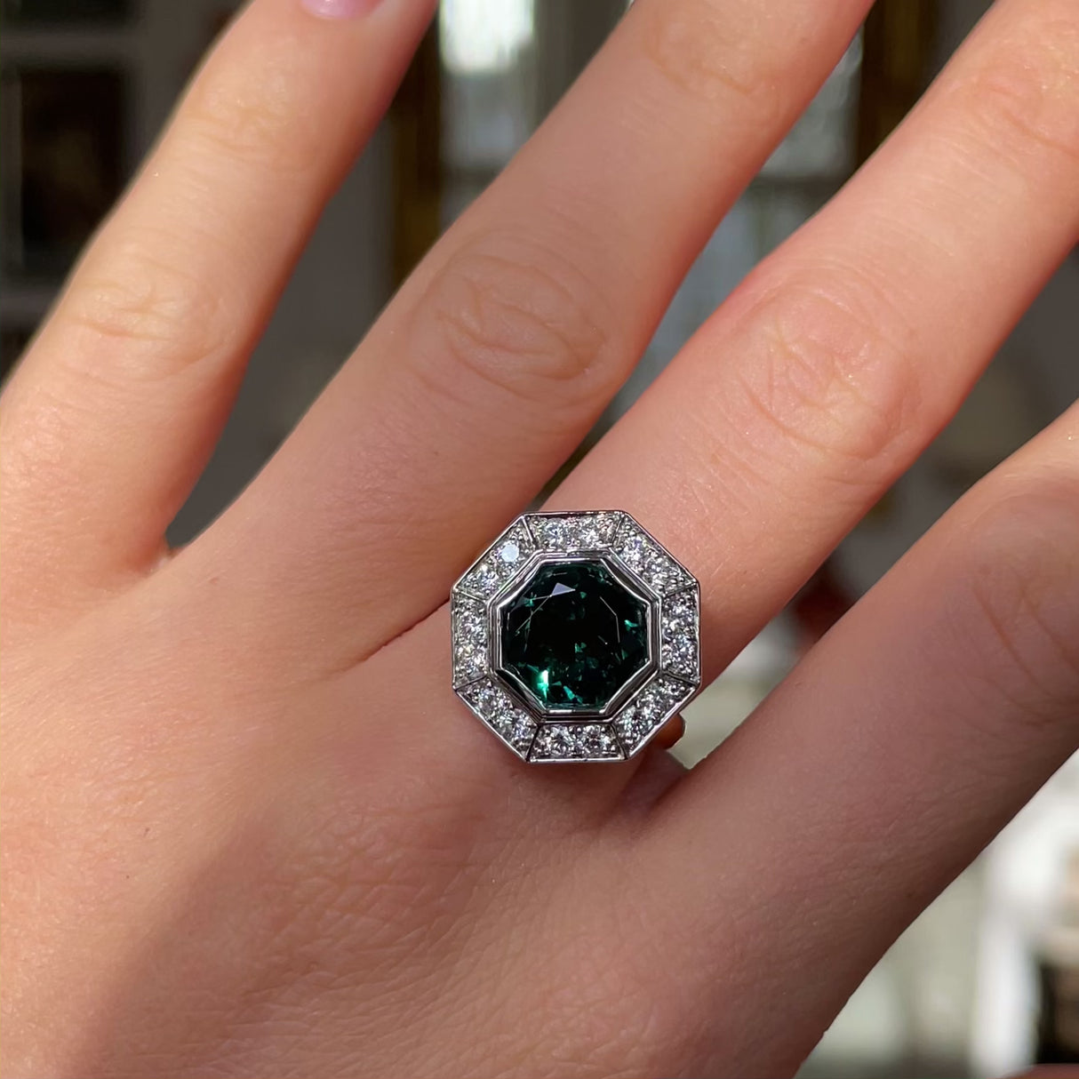 Contemporary, tourmaline and diamond hexagonal cluster ring, 18ct yellow gold and platinum