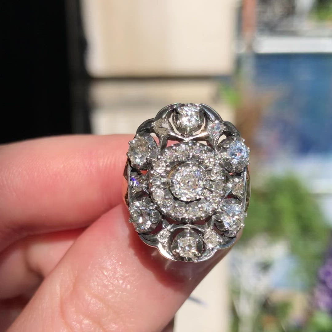 Antique, Portuguese 19th century diamond ring, 18ct yellow gold and silver