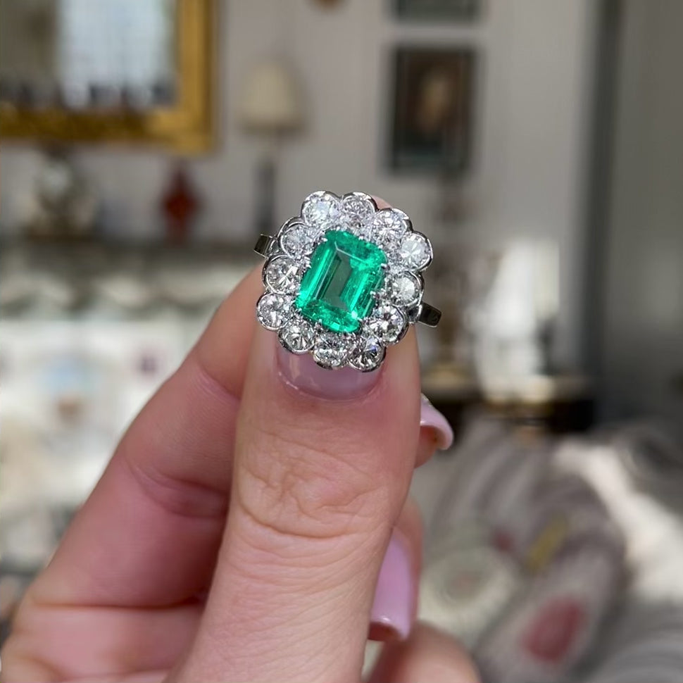 Engagement | 18ct white gold, Colombian emerald and diamond cluster ring