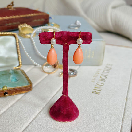 Edwardian | Natural Pearl and Coral Drop Earrings, 15ct Yellow Gold, Original Box