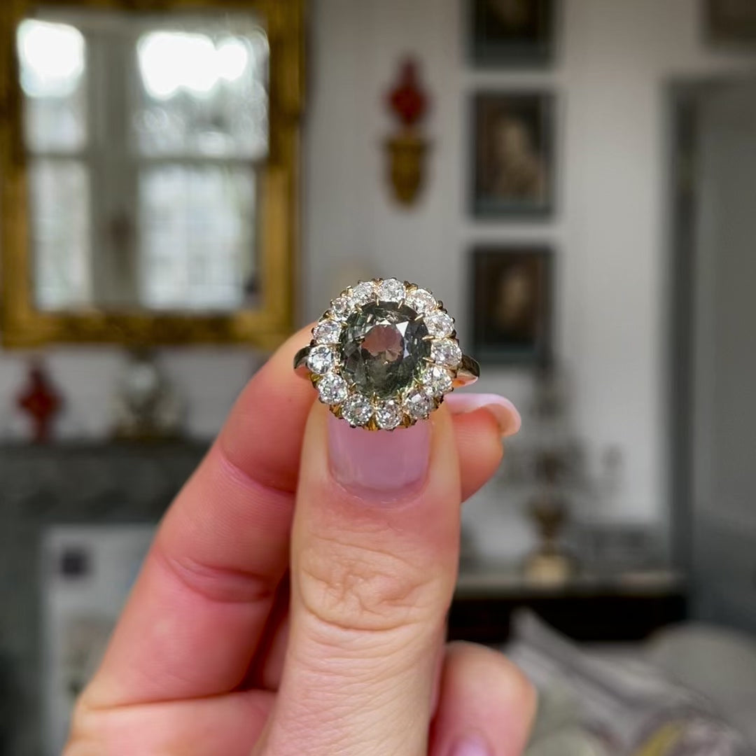 French, Belle Époque 5.06ct green-yellow sapphire and diamond engagement ring