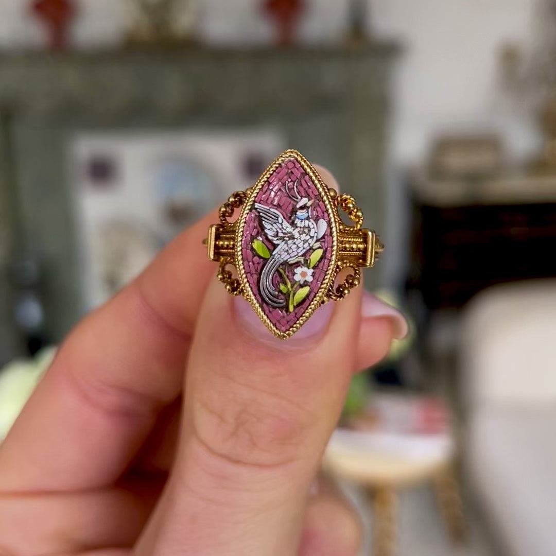 ON HOLD | Antique, italian grand tour bird of paradise micro mosaic ring