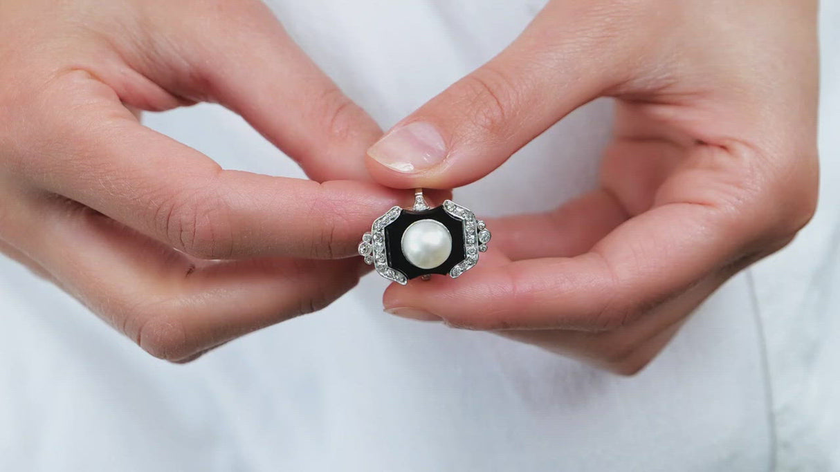 Art Deco, platinum, onyx, pearl and diamond ring