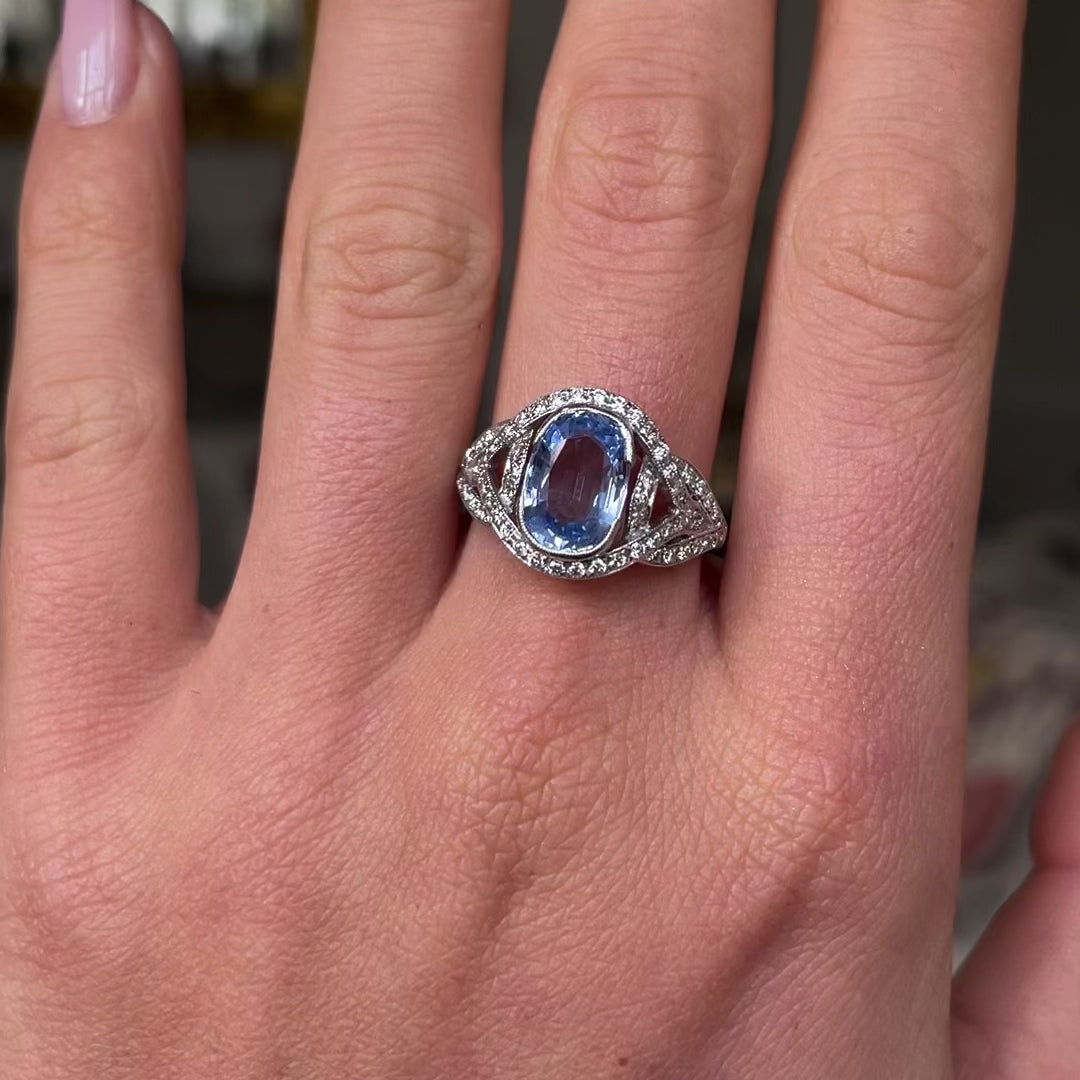 Vintage ceylon sapphire & diamond engagement ring, 18ct white gold