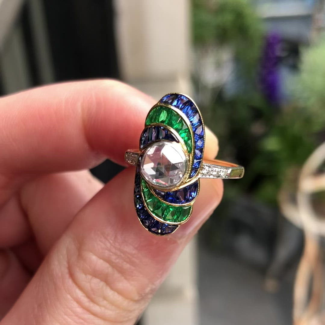 Art Deco, sapphire, emerald and diamond ring