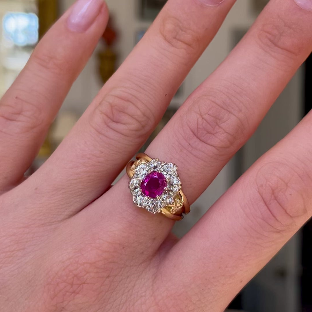 Edwardian oval Burmese pink sapphire & diamond engagement cluster ring