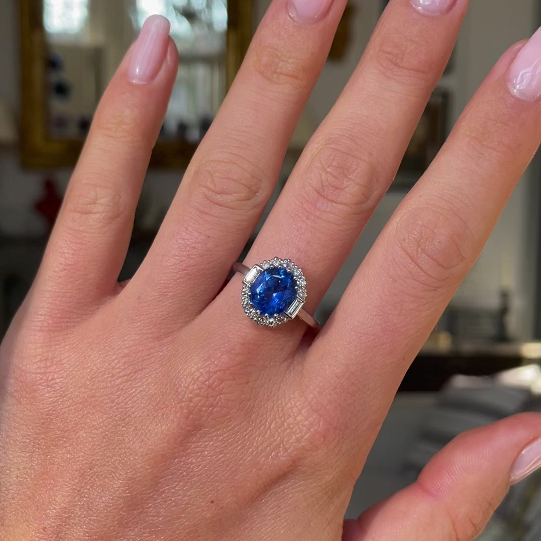 Art Deco Burmese Sapphire and Diamond Cluster Engagement Ring