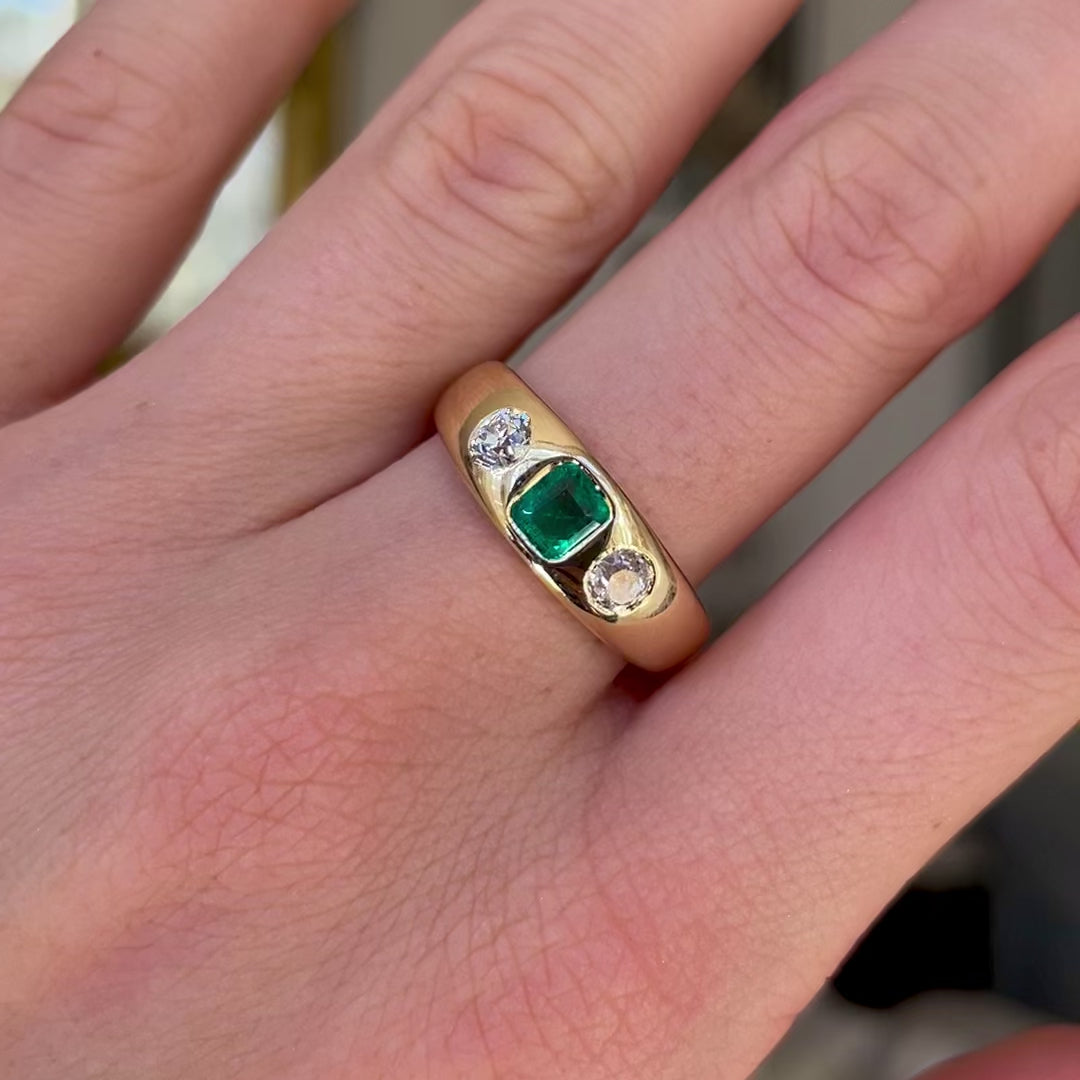 Antique emerald and diamond three stone gypsy ring, 18ct yellow gold