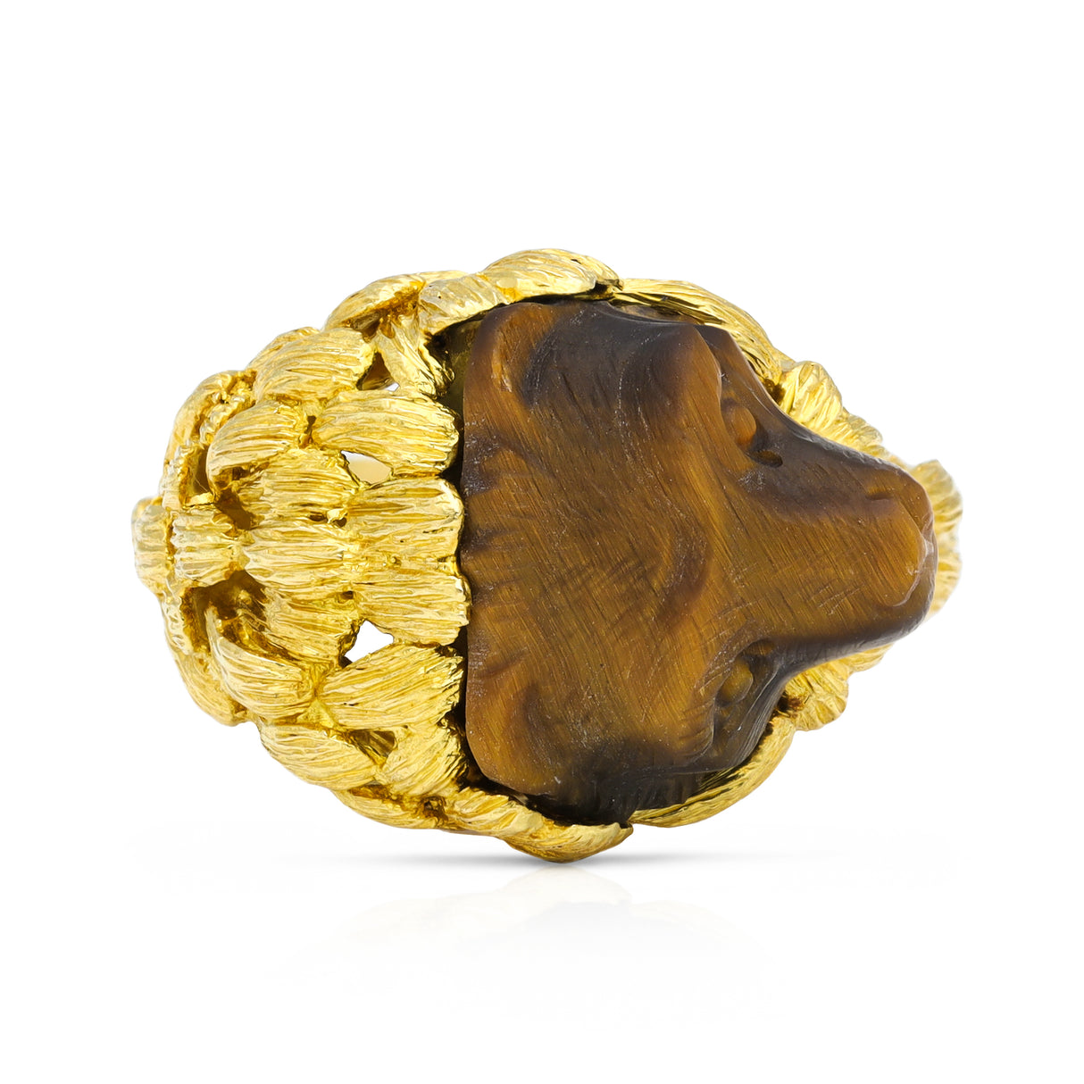 Tigers-Eye-Honey-Bear-Head-18-Ct-Gold-Ring-Antique-Vintage
