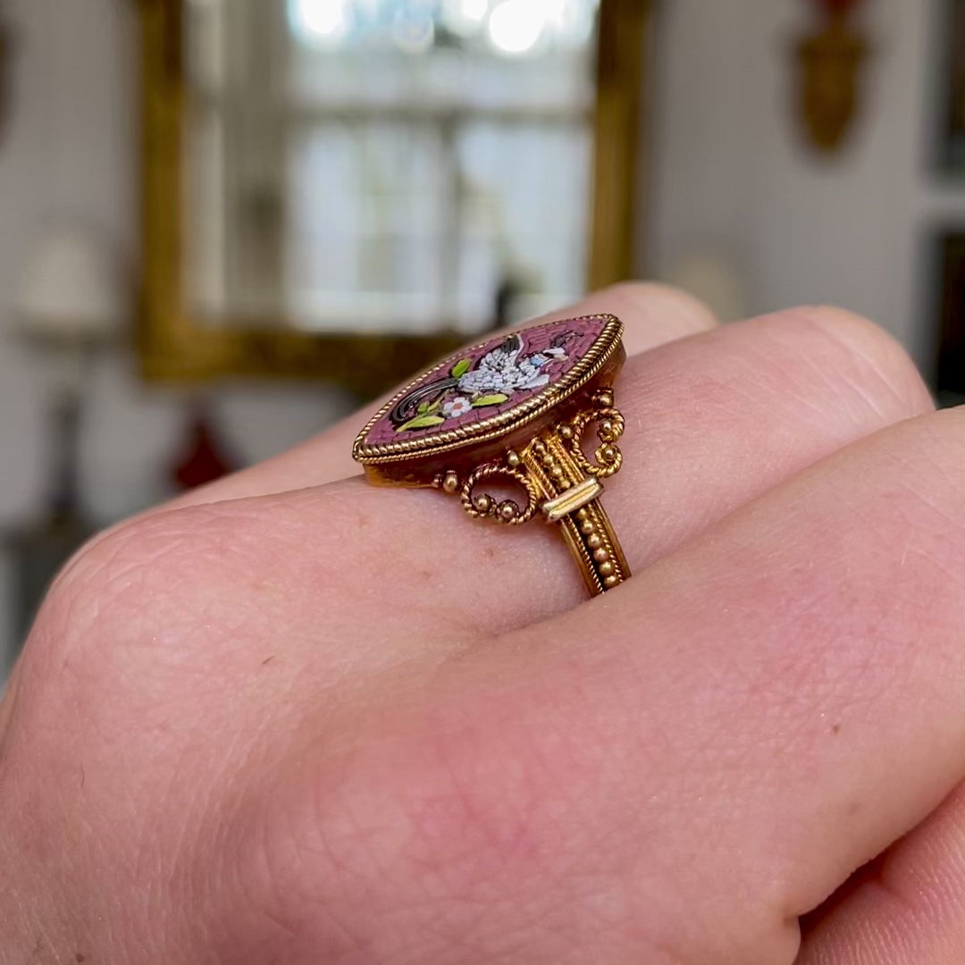 Antique, italian grand tour bird of paradise micro mosaic ring, 18ct yellow gold