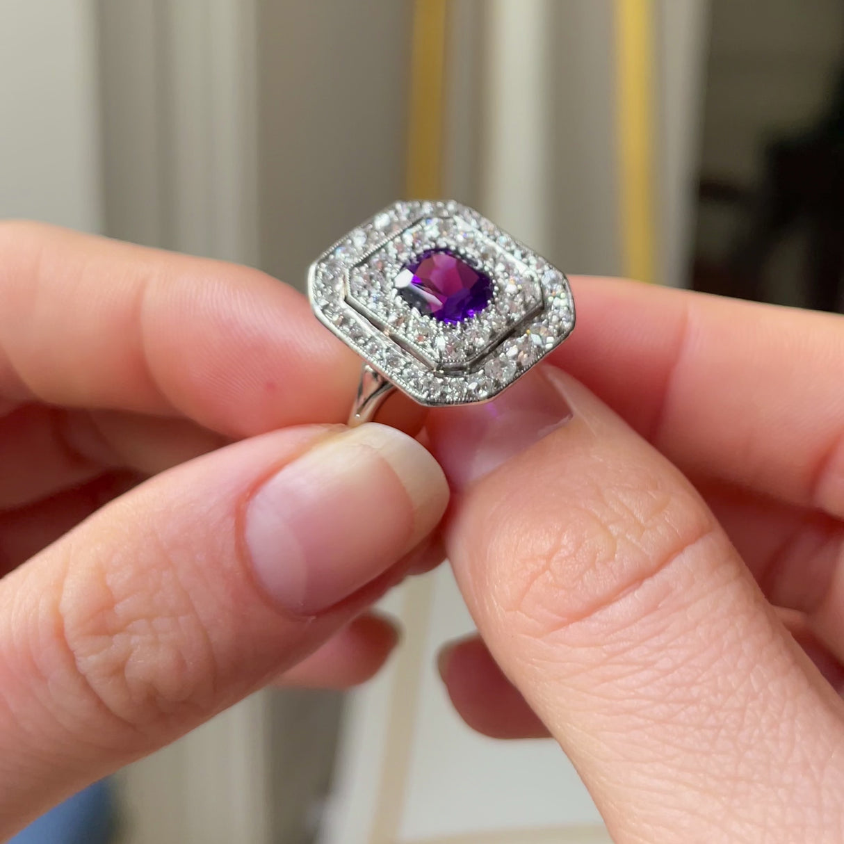 Art Deco, platinum, amethyst and diamond cocktail ring