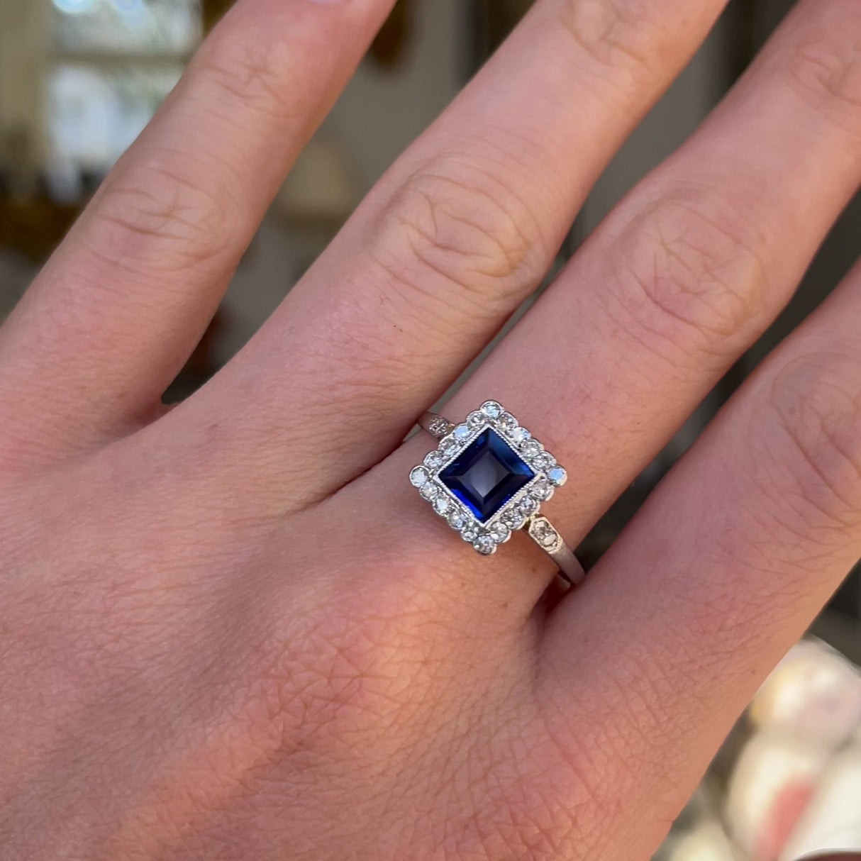 Edwardian royal blue sapphire & diamond engagement ring