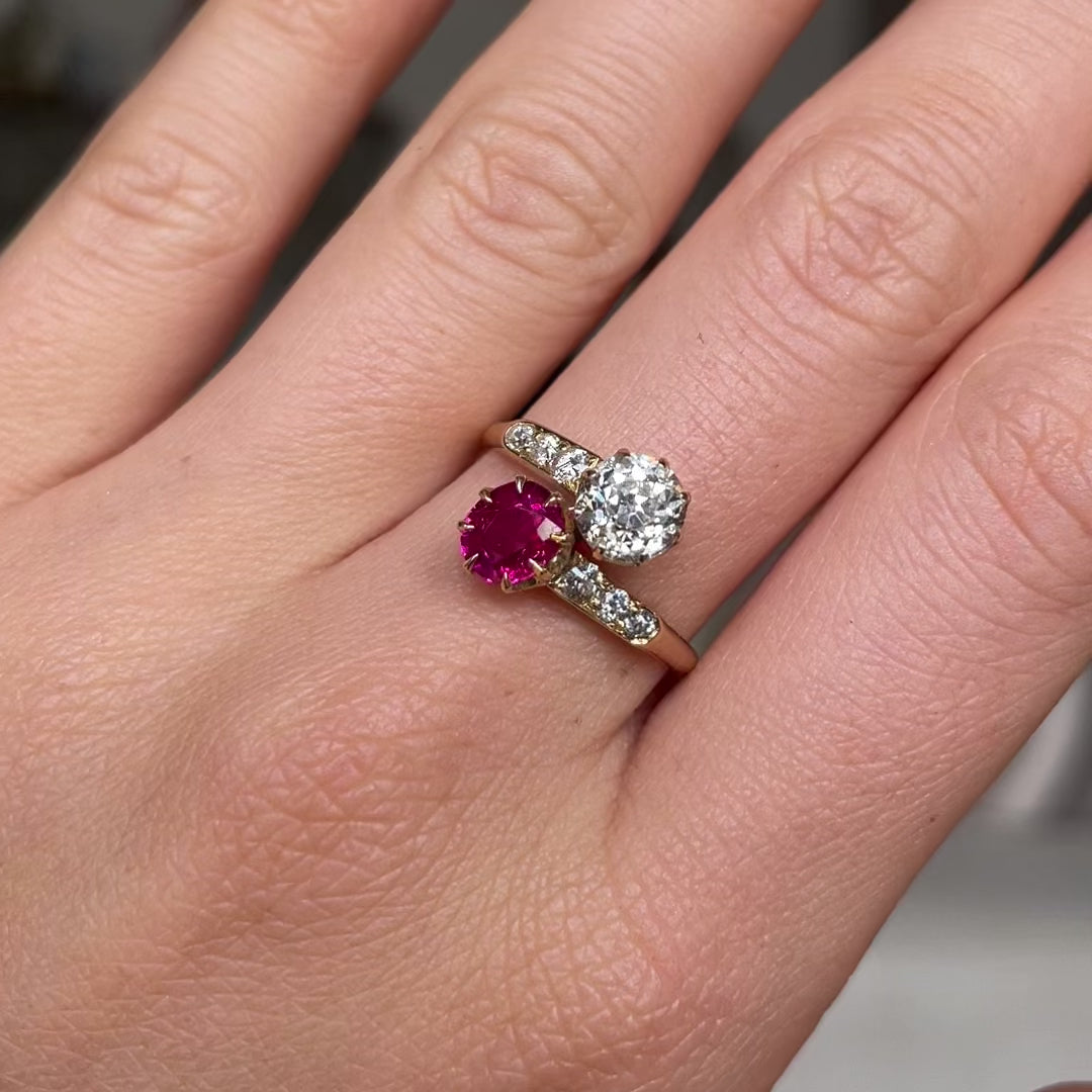 Antique,  Edwardian Burmese ruby and diamond ring toi et moi engagement ring