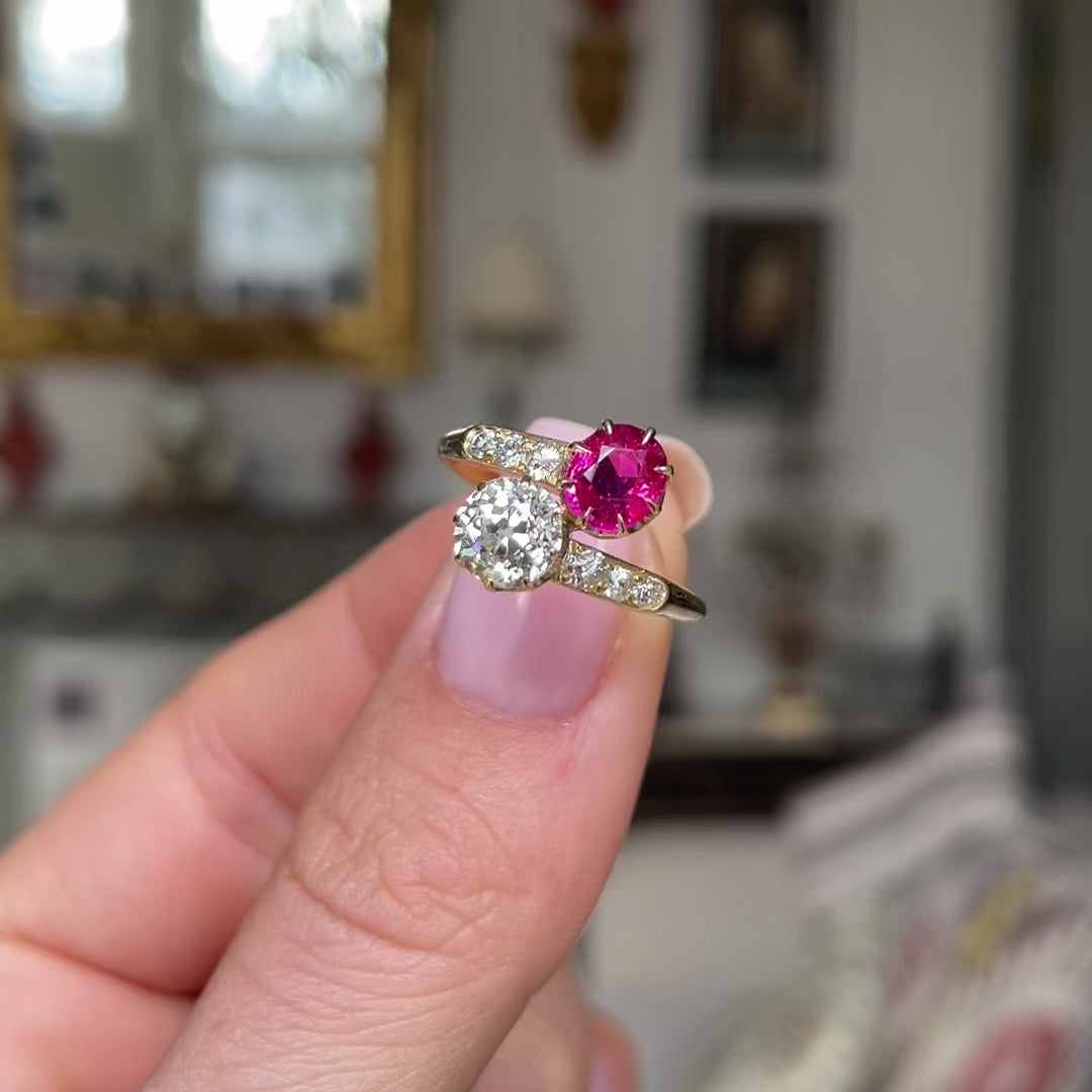 Antique,  Edwardian Burmese ruby and diamond ring toi et moi engagement ring
