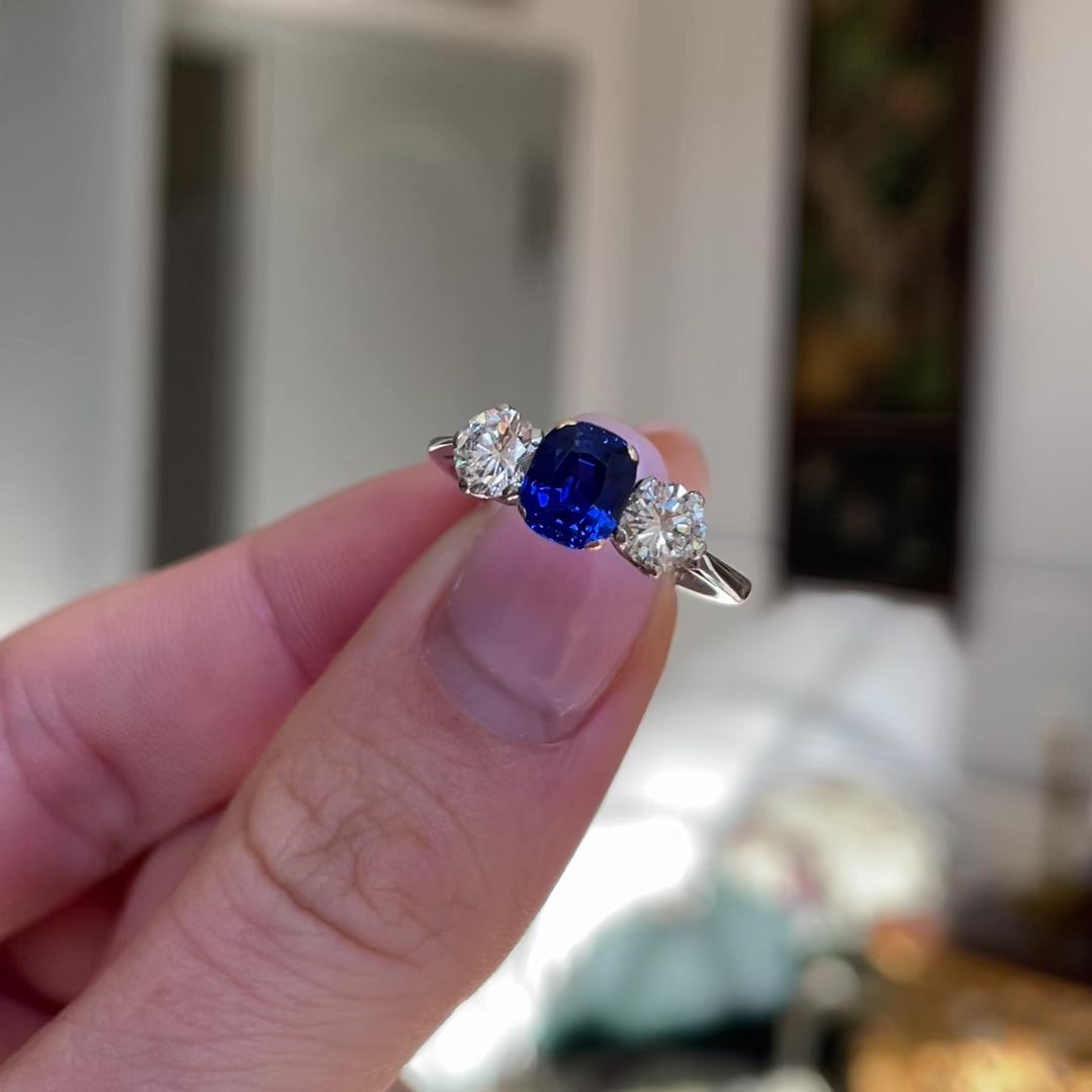 Sold! vintage, platinum, ceylon sapphire & diamond three stone ring
