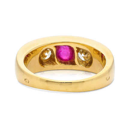 French Cabochon Ruby and Diamond Gypsy Three Stone Ring, 18ct Yellow Gold