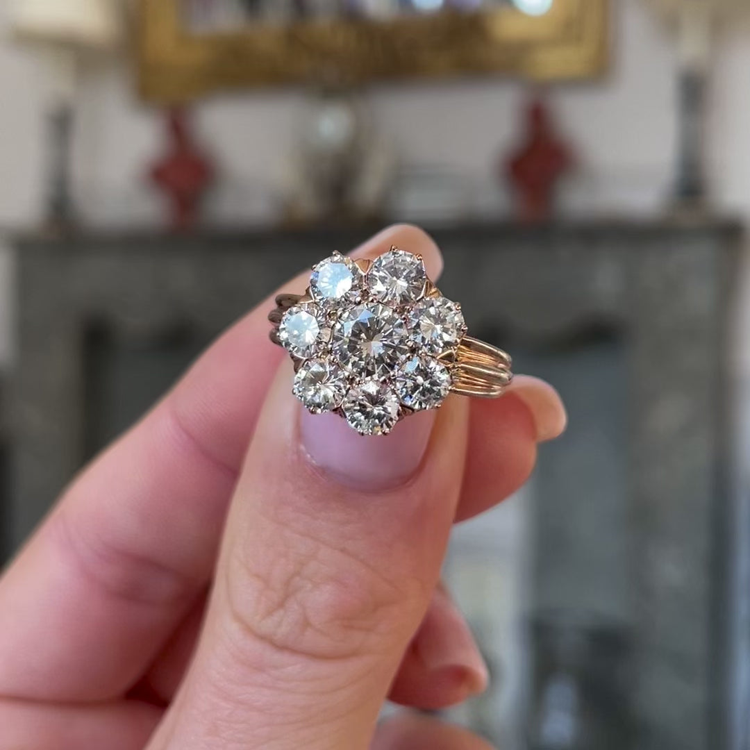 Edwardian diamond cluster engagement ring held in fingers and moved around to give perspective.