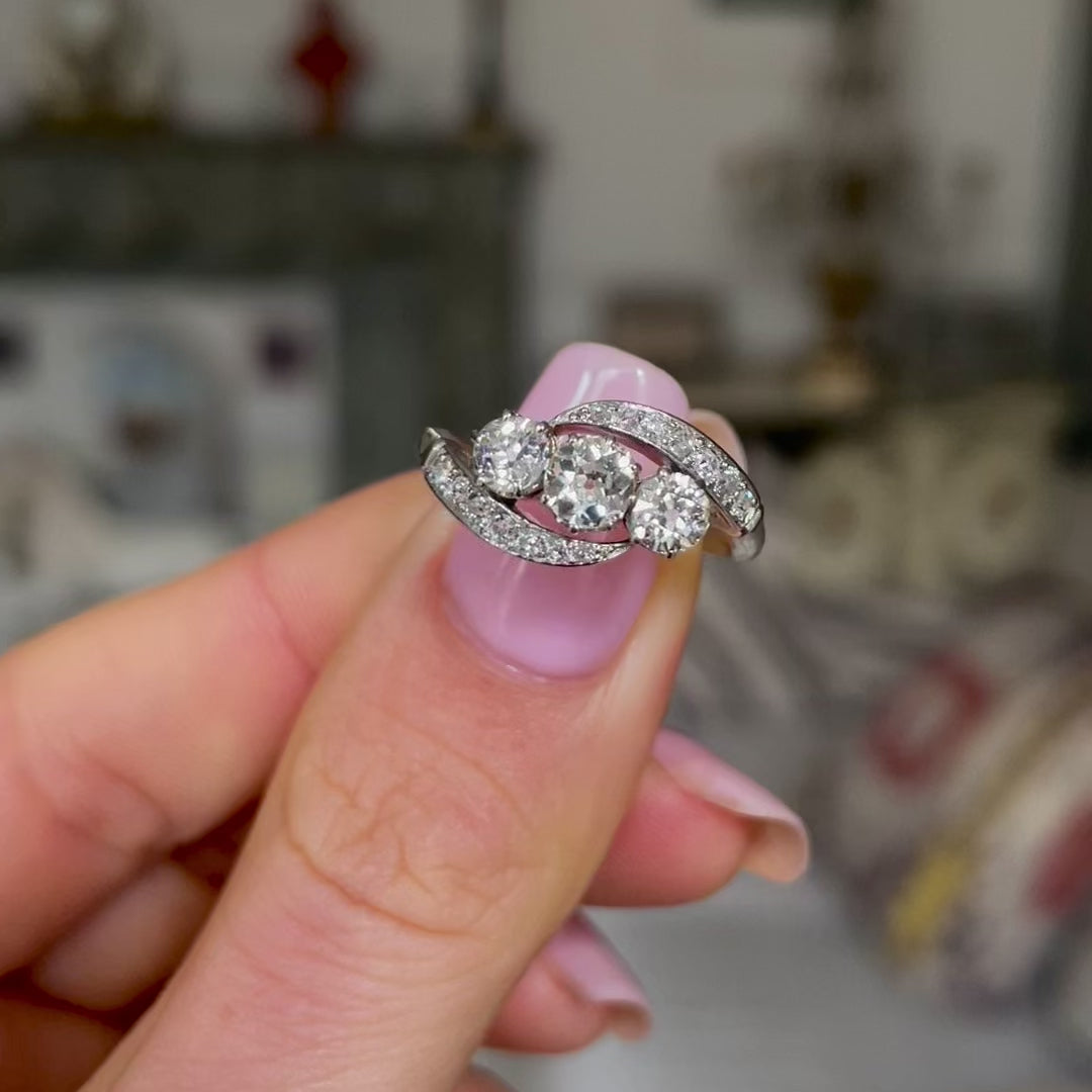 Antique, Edwardian, diamond three stone engagement ring, platinum