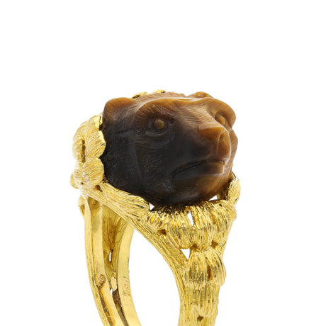 Unusual tiger's eye honey bear and yellow gold ring, front view.
