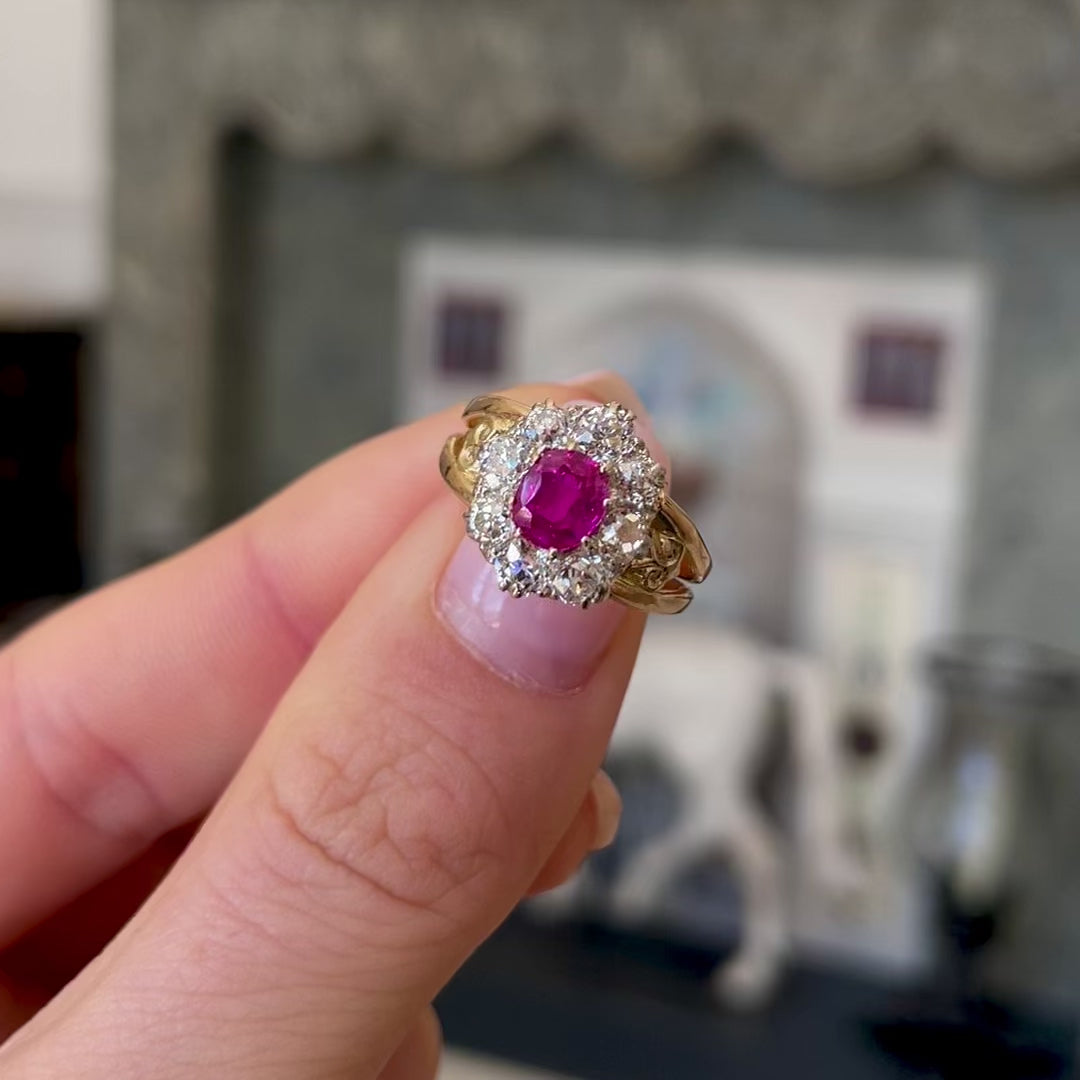 Edwardian oval Burmese pink sapphire & diamond engagement cluster ring