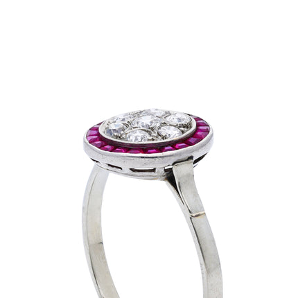 French Art Deco Ruby and Diamond Target Engagement Ring, 18ct White Gold