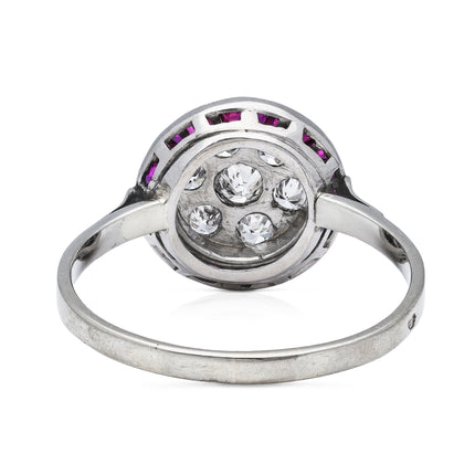 French Art Deco Ruby and Diamond Target Engagement Ring, 18ct White Gold