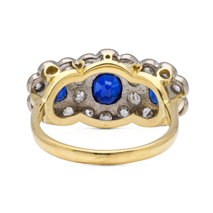 Antique Sapphire and Diamond Triple Daisy Cluster Ring, 18ct Yellow Gold