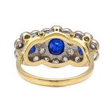 Antique sapphire and diamond triple cluster ring, rear view. 