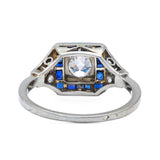 Vintage sapphire and diamond engagement ring, rear view.