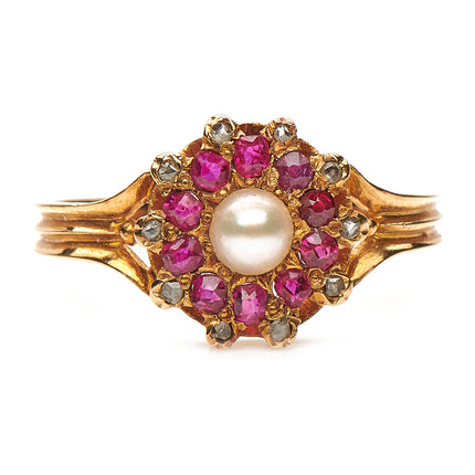 Antique-Edwardian-18ct-Gold-Natural Pearl-Ruby-Diamond-Ring