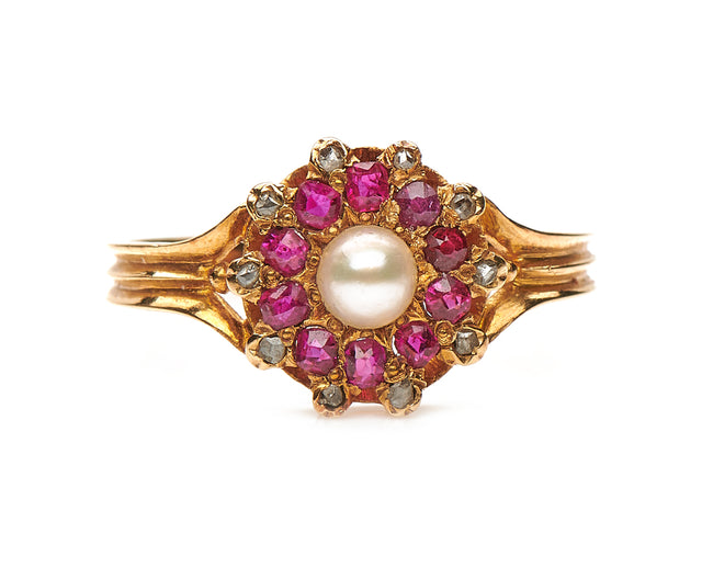Antique-Edwardian-18ct-Gold-Natural Pearl-Ruby-Diamond-Ring