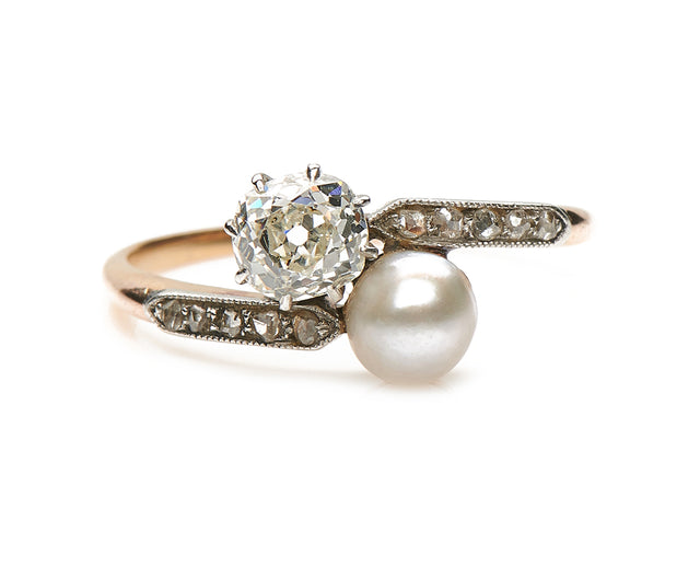 Antique-Edwardian-18ct-Gold-Platinum-Natural-Pearl-Diamond-Twist-Ring