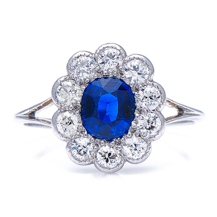 Art Deco, Platinum, Tiffany & Co. Sapphire and Diamond Cluster Ring, Original Box