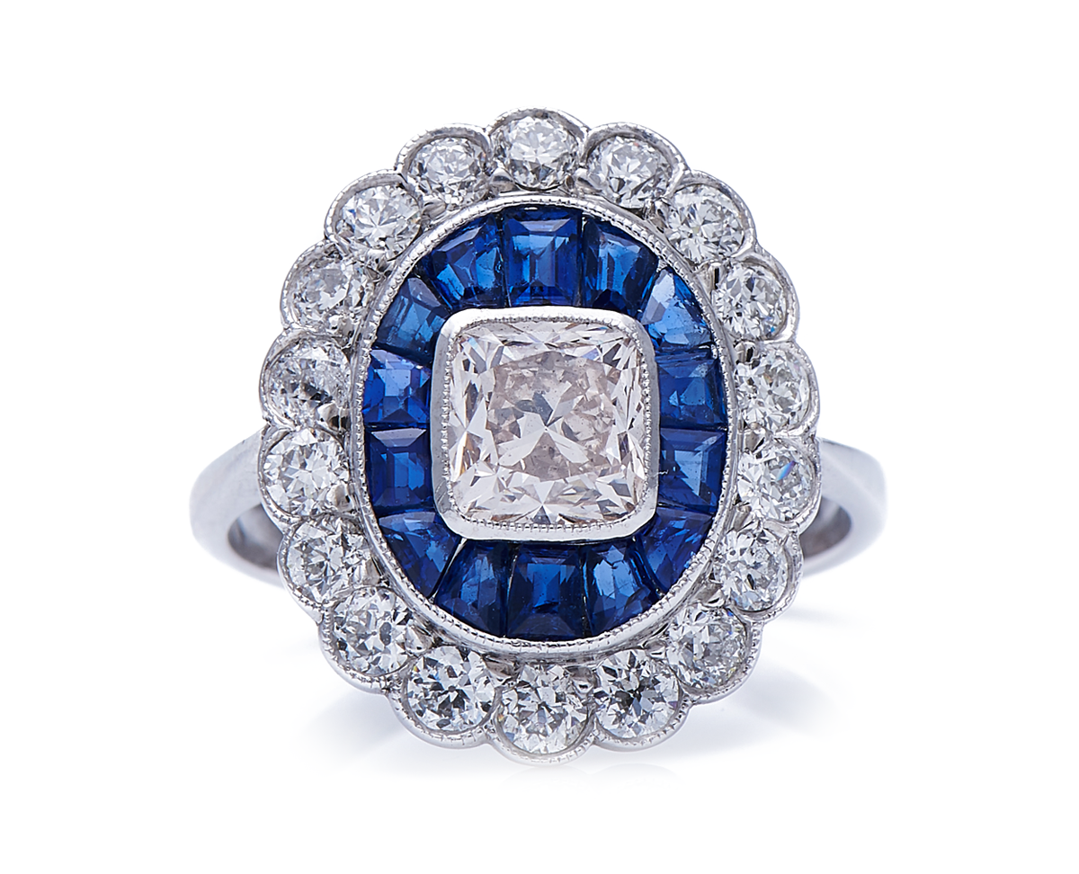 Vintage, 18ct White Gold, Diamond and Sapphire Cluster Ring | Antique Rings | Antique Ring Boutique | Vintage Engagement Rings 