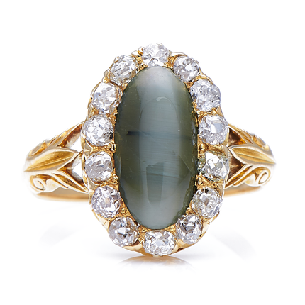 Antique Victorian, 18ct Gold, Cat's Eye and Diamond Cluster Ring