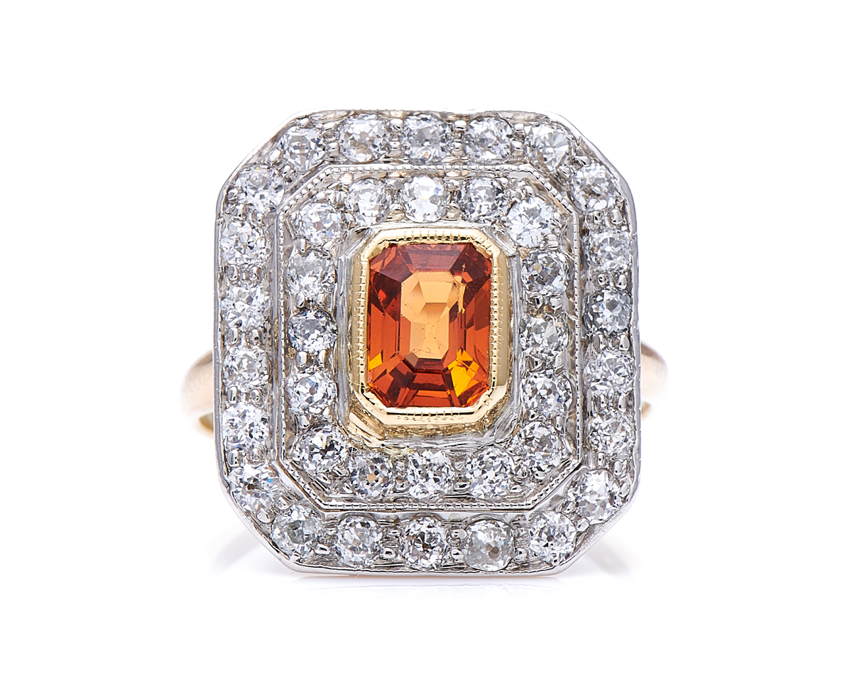 Antique-Art-Deco-18ct-Gold-Platinum-Spessartine-Garnet-Diamond-Cluster-Ring